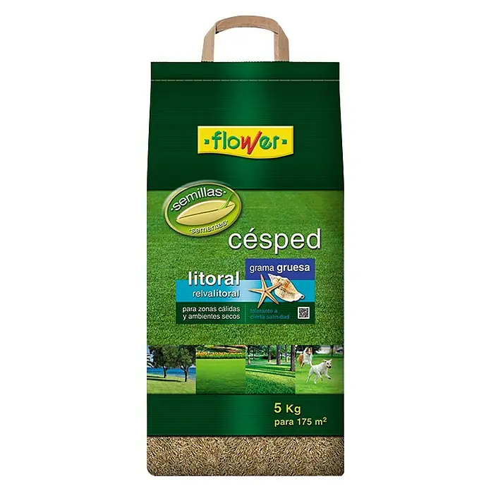 Flower Semillas de césped Litoral grama gruesa - 5 kg, 165 m² - Imagen de un saco de semillas de césped de la marca Flower, ideal para zonas costeras y climas secos.