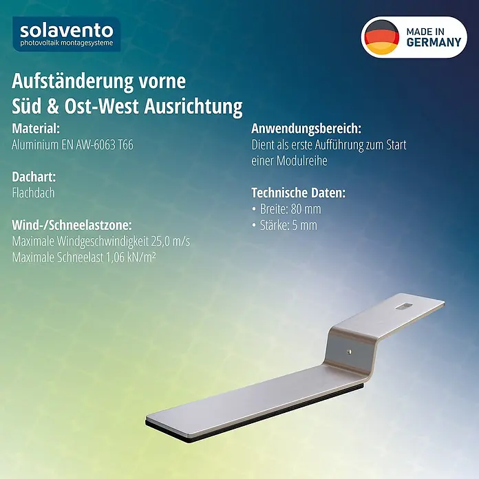 Solavento Aufständerung vorne - Geeignet für: Flachdach - Silberne Aluminiumhalterung für Frontmontage von Solarmodulen auf Flachdächern, süd- und ost-west-optimiert.
