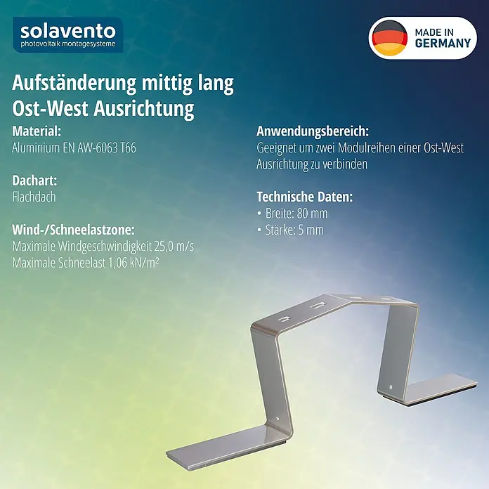 Solavento Aufständerung mittig - Geeignet für: Flachdach - Silberne Aluminium-Montagestütze zum Verbinden von zwei Ost-West-ausgerichteten Solarmodulreihen auf einem Flachdach.