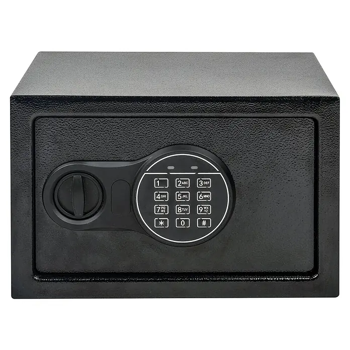 Möbeltresor Security Box 65 - L x B x H: 31 x 20 x 20 cm, Elektronisches Zahlenschloss, Schwarz - Nahaufnahme eines schwarzen Safes mit einem digitalen Zahlenschloss, das Sicherheit und Schutz für Wertsachen bietet.