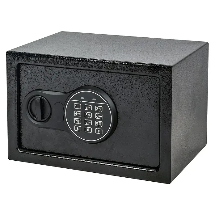 Möbeltresor Security Box 65 - L x B x H: 31 x 20 x 20 cm, Elektronisches Zahlenschloss, Schwarz - Nahaufnahme eines schwarzen digitalen Safe. Ein robustes und sicheres Aufbewahrungssystem für Wertsachen mit einem digitalen Zahlenschloss.