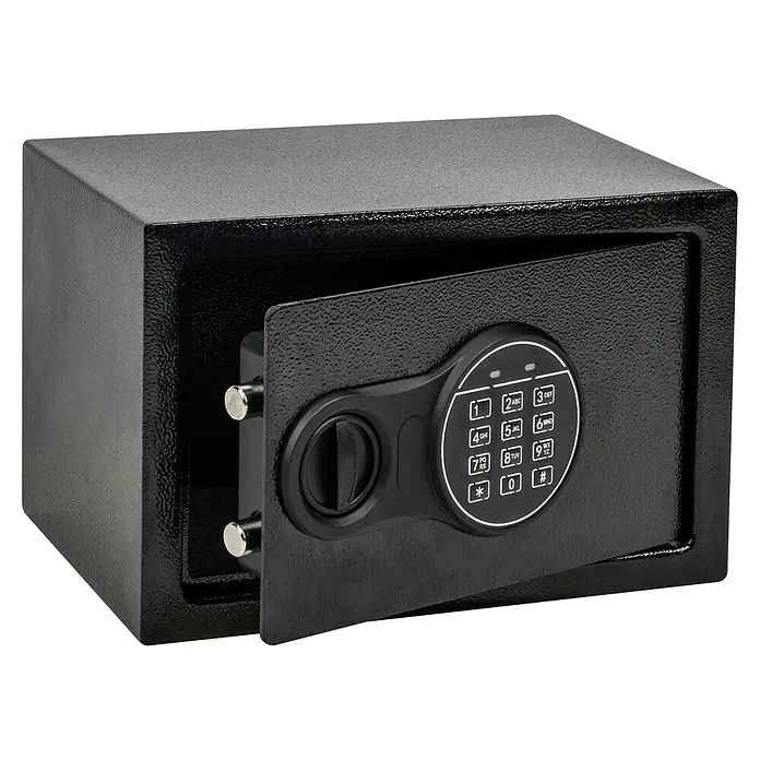 Möbeltresor Security Box 65 - L x B x H: 31 x 20 x 20 cm, Elektronisches Zahlenschloss, Schwarz - Nahaufnahme eines schwarzen Tresors mit geöffneter Tür, der ein Tastenfeld und einen Drehknopf zeigt.
