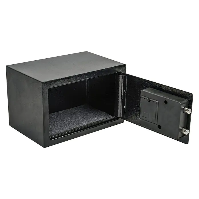 Möbeltresor Security Box 65 - L x B x H: 31 x 20 x 20 cm, Elektronisches Zahlenschloss, Schwarz - Ein offener, schwarzer Safe mit einem grauen, stoffbezogenen Boden. Ideal zur Aufbewahrung von Wertsachen.