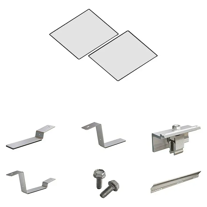 Solavento Befestigungs-Set - Passend für: 2 Solarmodule, Witterungsbeständig, Geeignet für: Flachdach, Gesamtstückzahl: 20 Stk. - Verschiedene silberne Metallkomponenten für die Solarmontage, darunter Module, Halterungen, Klemmen, Schrauben und Schienen.