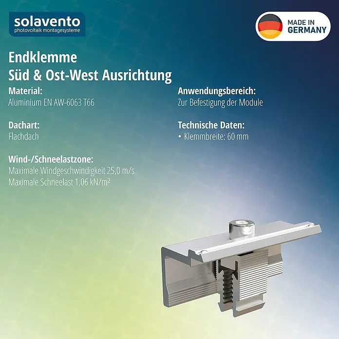 Solavento Endklemme - Aluminium, Geeignet für: Flachdach - Silberne Aluminium Endklemme für Solarmodule, verwendet in Photovoltaik Montagesystemen.