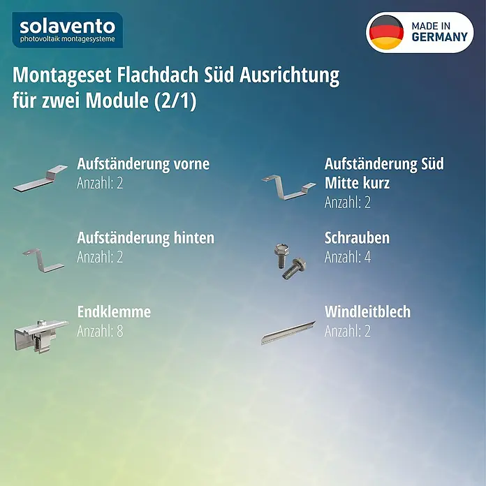 Solavento Befestigungs-Set - Passend für: 2 Solarmodule, Witterungsbeständig, Geeignet für: Flachdach, Gesamtstückzahl: 20 Stk. - Silbernes Photovoltaik Montageset für zwei Module auf Flachdach, bestehend aus Halterungen, Klemmen, Schrauben und Windleitblechen.