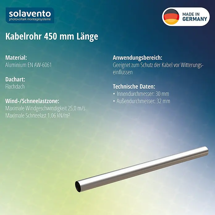 Solavento Kabelschutzrohr - Länge: 450 mm, Geeignet für: Flachdach - 450 mm langes, metallisch silbernes Aluminium-Kabelrohr zum Kabelschutz.