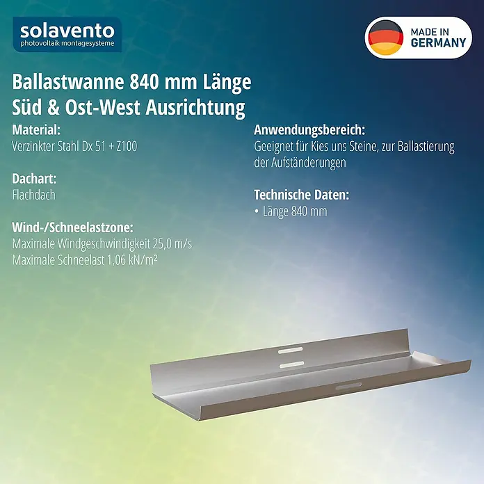 Solavento Ballastschale - Länge: 84 cm, Geeignet für: Flachdach - Verzinkte Stahl-Ballastwanne (840 mm Länge) für die Ballastierung von Solarmodul-Aufständerungen auf Flachdächern.