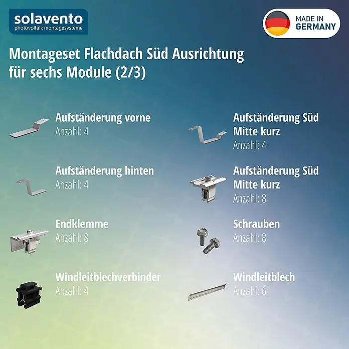 Solavento Befestigungs-Set - Passend für: 6 Solarmodule (2x3), Witterungsbeständig, Geeignet für: Flachdach, Gesamtstückzahl: 46 Stk. - Kit mit verschiedenen Metall- und schwarzen Teilen für die Solarmodulmontage auf Flachdächern.