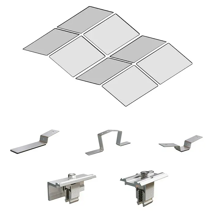 Solavento Befestigungs-Set - Passend für: 8 Solarmodule, Witterungsbeständig, Geeignet für: Flachdach, Gesamtstückzahl: 47 Stk. - Hellgraue Solarmodule und silberne Metallhalterungen für die Solaranlage.