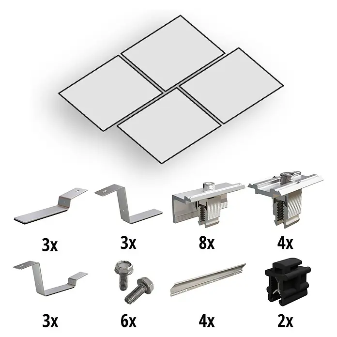 Solavento Befestigungs-Set - Passend für: 4 Solarmodule, Witterungsbeständig, Geeignet für: Flachdach, Gesamtstückzahl: 33 Stk. - Solarpanel-Montageset mit vier Modulen, diversen Metallhaltern, Klemmen, Schrauben, Schienen und schwarzen Clips.