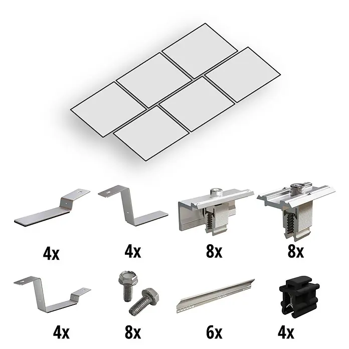 Solavento Befestigungs-Set - Passend für: 6 Solarmodul (3x2), Witterungsbeständig, Geeignet für: Flachdach, Gesamtstückzahl: 46 Stk. - Set aus Metallkomponenten zur Solarmontage: Halterungen, Klemmen, Schienen, Schrauben, Kabelclip.