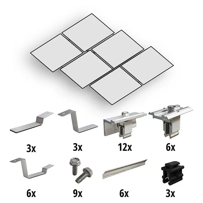 Solavento Befestigungs-Set - Passend für: 6 Solarmodule (2x3), Witterungsbeständig, Geeignet für: Flachdach, Gesamtstückzahl: 46 Stk. - Array von sechs Solarmodulen und silbernen Metall- und schwarzen Kunststoff-Montagekomponenten, inklusive Halterungen, Klemmen, Schrauben und Schienen, mit Mengenangaben.