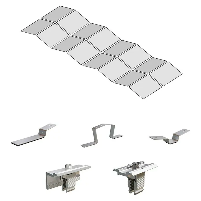 Solavento Befestigungs-Set - Passend für: 16 Solarmodule, Witterungsbeständig, Geeignet für: Flachdach, Gesamtstückzahl: 91 Stk. - Raster aus hellgrauen Solarmodulen mit verschiedenen silbernen Metallhalterungen und Klemmen.