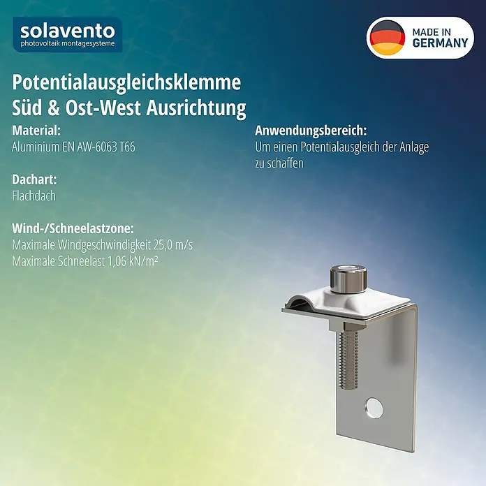 Solavento Erdungsklemme - Aluminium, Geeignet für: Flachdach - Silberne Aluminium-Potentialausgleichsklemme für Photovoltaikanlagen mit Befestigungsschraube.