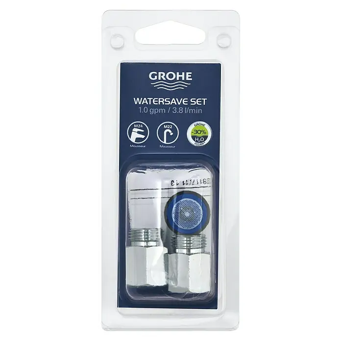 Grohe Wasserspar-Set - ⅜″, Durchflussmenge: 3,8 l/min - Grohe Watersave Set in Blisterverpackung. Enthält verchromte M24 und M22 Luftsprudler, 1,0 gpm / 3,8 l/min zur Wasserersparnis.
