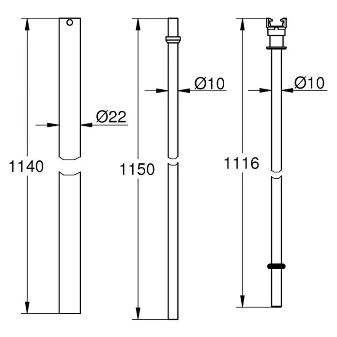 Grohe Tubo de ducha de repuesto Euphoria - Específico para: Rainshower / Euphoria Sistema de ducha, Metal, 114 cm - Tres dibujos técnicos de ejes cilíndricos con longitudes (1140, 1150, 1116) y diámetros (Ø22, Ø10) variables, mostrando diferentes accesorios finales.