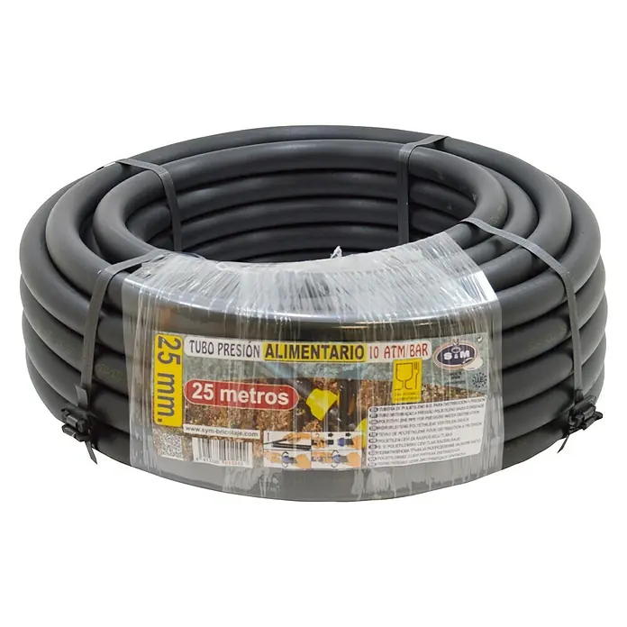 Tubo PE Alimentario - Ø x L: 25 mm x 25 m, Polietileno - Manguera negra enrollada de presión alimentaria de 25 metros (25 mm) con etiqueta, ideal para diversas aplicaciones.