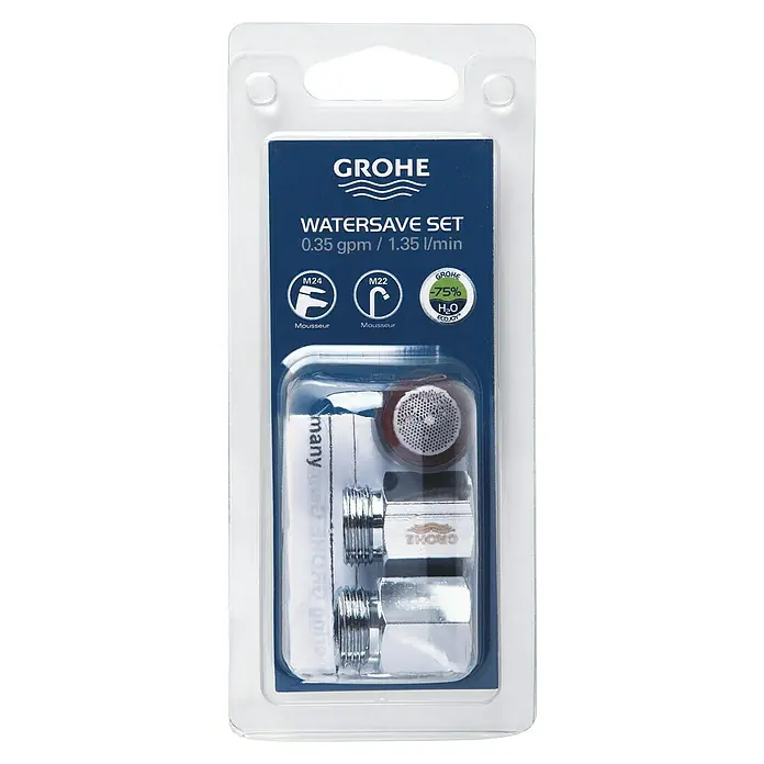 Grohe Wasserspar-Set - ⅜″, Durchflussmenge: 1,35 l/min - Grohe Watersave Set in Blisterverpackung, mit M24 und M22 verchromten Luftsprudlern für wassersparende Armaturen, Filter und Metallteilen.