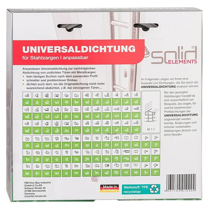 Solid Elements Universaldichtung - Grau, 5 m, Passend für: Stahl- und Metallzargen - Universaldichtung für Stahlzargen: Anpassbare Dichtung zur Abdichtung undichter Türen, einfache Montage, passend für verschiedene Profile.