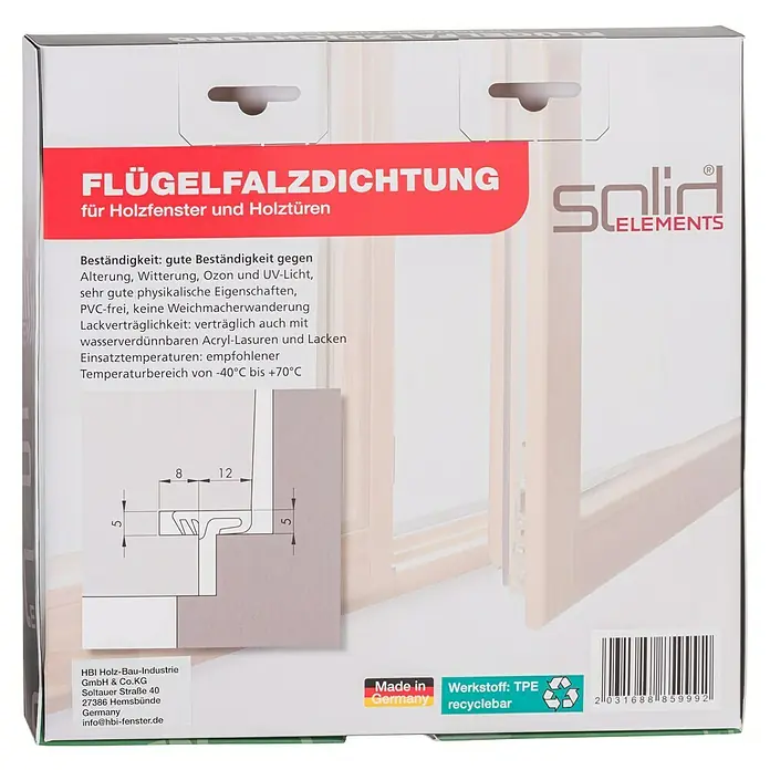 Solid Elements Fensterdichtung - Schwarz, 5 m, Passend für: Holzfenster und -türen - Abbildung einer FlügelFalzDichtung für Holzfenster und Türen, ideal für Abdichtung, mit technischen Details und Herstellerinformationen.