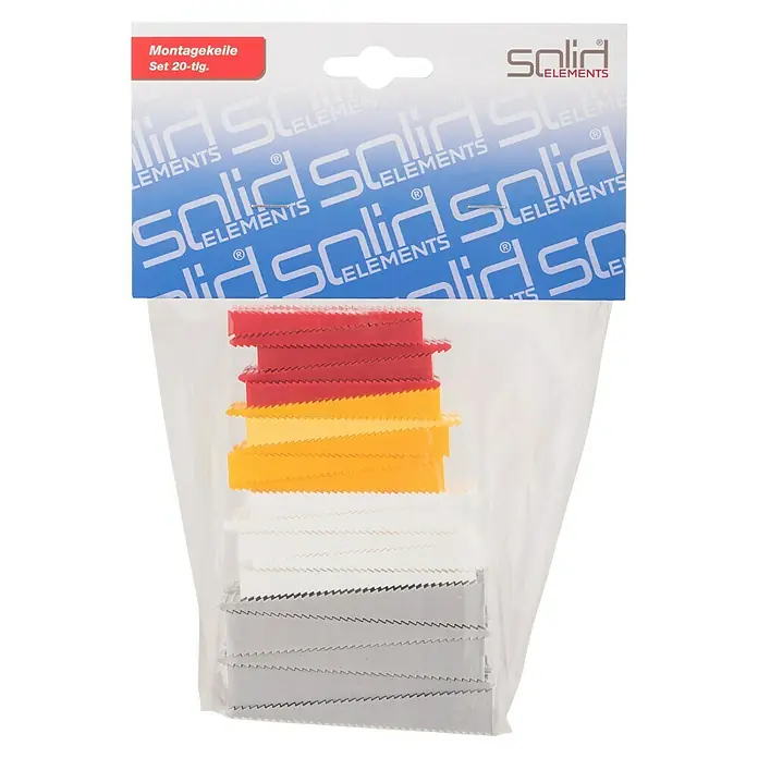 Solid Elements Montagekeile - 20 Stk., Passend für: Fenster- und Türenmontage - Eine Packung Montagekeile der Marke Solid Elements, ein Set mit 20 Stück in verschiedenen Farben wie Rot, Gelb, Weiß und Grau.
