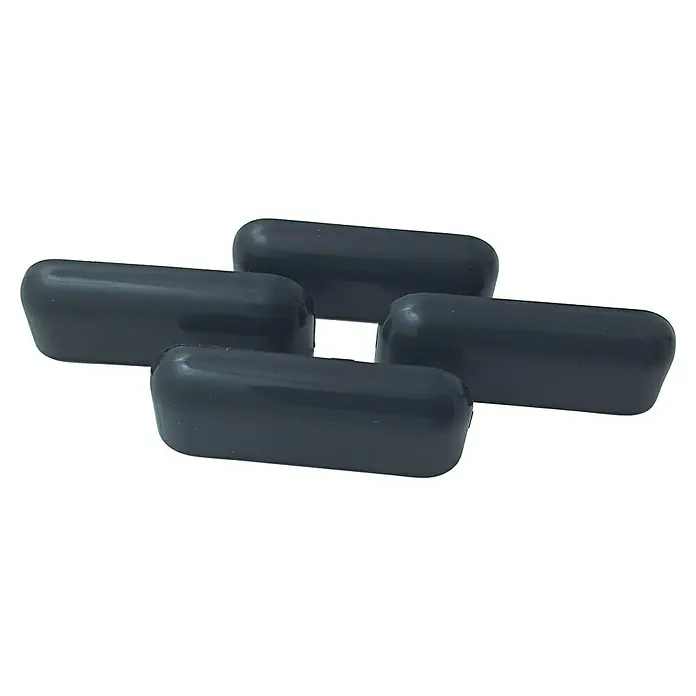 Solid Elements Wasserkappen - 4 Stk., Anthrazit - Vier graue Endkappen aus Kunststoff liegen gestapelt übereinander. Sie haben abgerundete Kanten und ein glänzendes Finish.