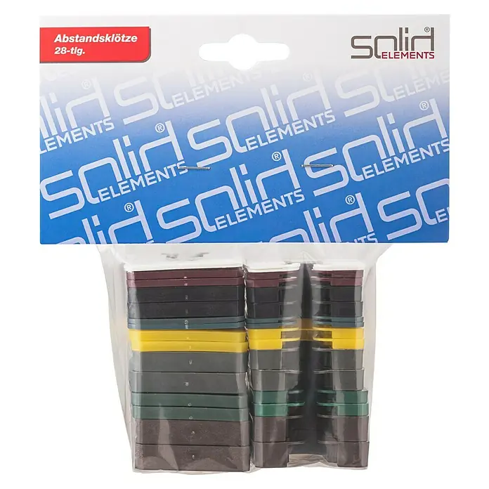 Solid Elements Abstandsklötze - 28 Stk. - Das Bild zeigt ein Set von Solid Elements Abstandsklötzen in verschiedenen Farben, verpackt und bereit für den Einsatz.