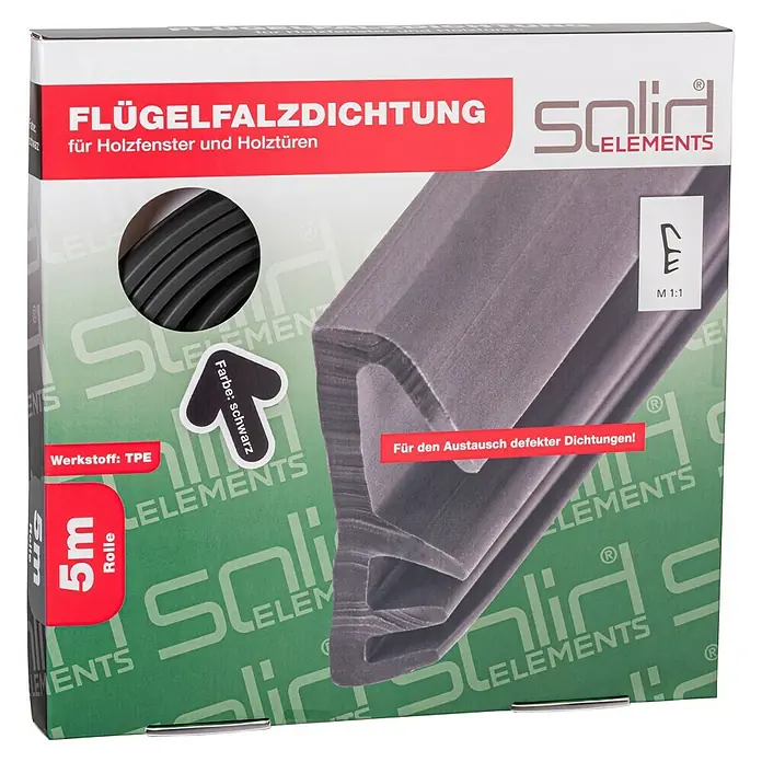 Solid Elements Fensterdichtung - Schwarz, 5 m, Passend für: Holzfenster und -türen - Das Bild zeigt eine Packung Flügelfalzabdichtung für Holzfenster und Holztüren von Solid Elements, 5m Rolle, Farbe Schwarz.