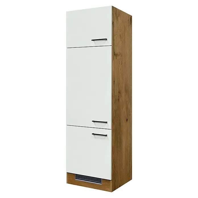 Flex-Well Avila Geräteumbauschrank - B x T x H: 60 x 57 x 200 cm, Magnolia matt - Hoher weißer Schrank mit schwarzen Griffen, heller Holzmaserung und Lüftungsgitter unten.
