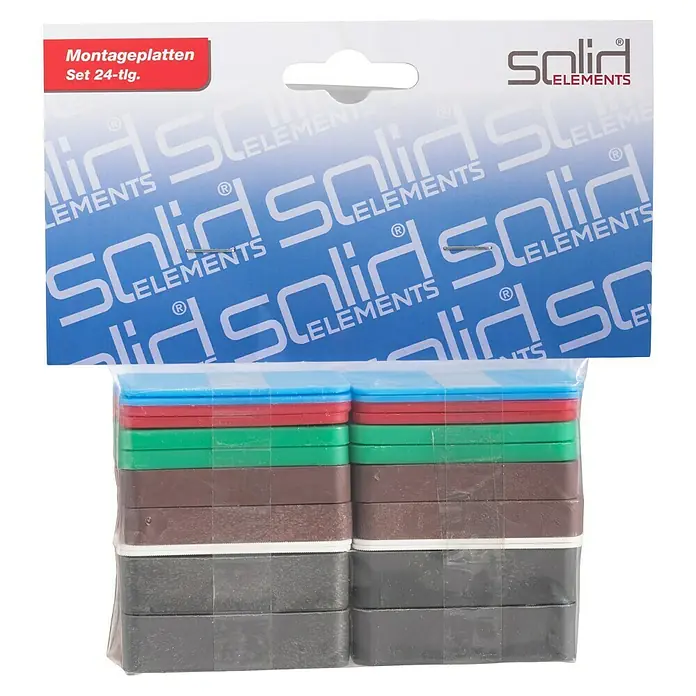 Solid Elements Montage-Set - 24 Stk., Passend für: Fenster- und Türenmontage - Das Bild zeigt eine Packung mit 24 Montageplatten in verschiedenen Farben von Solid Elements, die ordentlich in Plastik verpackt sind.