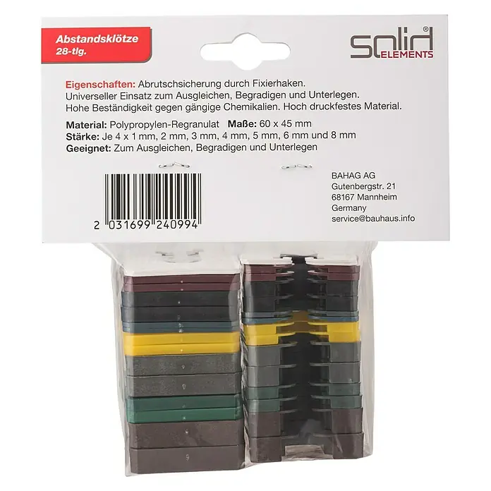 Solid Elements Abstandsklötze - 28 Stk. - Packung mit 28 Abstandsklötzen in verschiedenen Stärken, ideal zum Ausgleichen und Unterlegen.