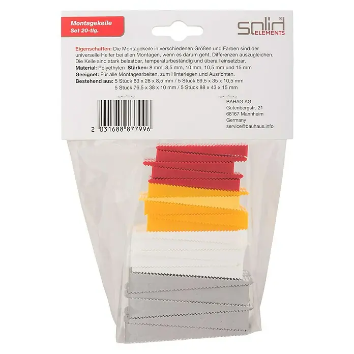 Solid Elements Montagekeile - 20 Stk., Passend für: Fenster- und Türenmontage - Die Packung enthält 20 Montagekeile in verschiedenen Größen und Farben, ideal zum Ausgleichen von Unterschieden bei Montagearbeiten.