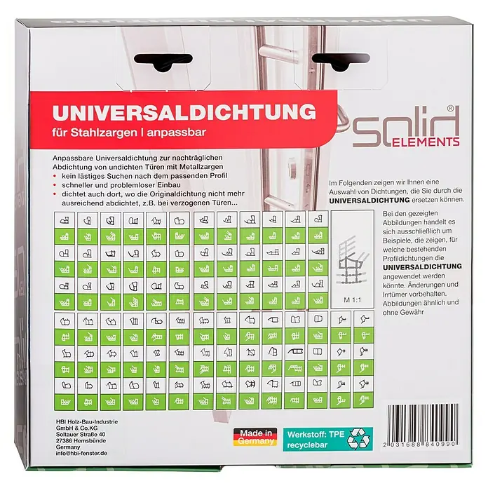 Solid Elements Universaldichtung - Schwarz, 5 m, Passend für: Stahl- und Metallzargen - Abbildung einer Universalabdichtung für Stahlzargen, anpassbar für verschiedene Profile und Türtypen, inklusive Anwendungsbeispiele.