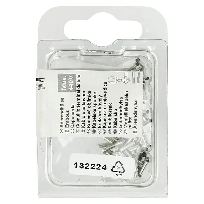 BAUHAUS Aderendhülse - 1,5 mm² x 8 mm, 100 Stk. - Bild einer Verpackung von Aderendhülsen mit der Artikelnummer 132224.