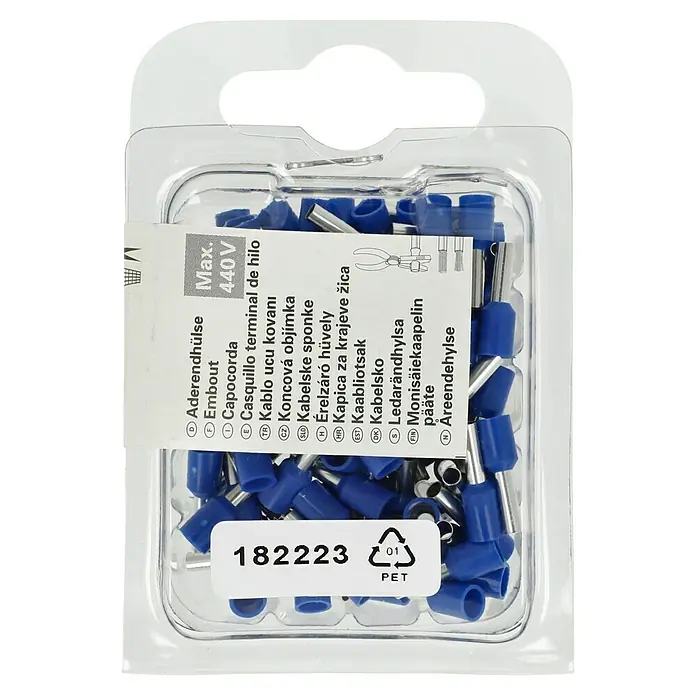 Voltomat Aderendhülse - 2,5 mm² x 8 mm, 100 Stk. - Bild einer Verpackung mit Aderendhülsen, geeignet für bis zu 440V, zur sicheren Verbindung von Kabelenden.