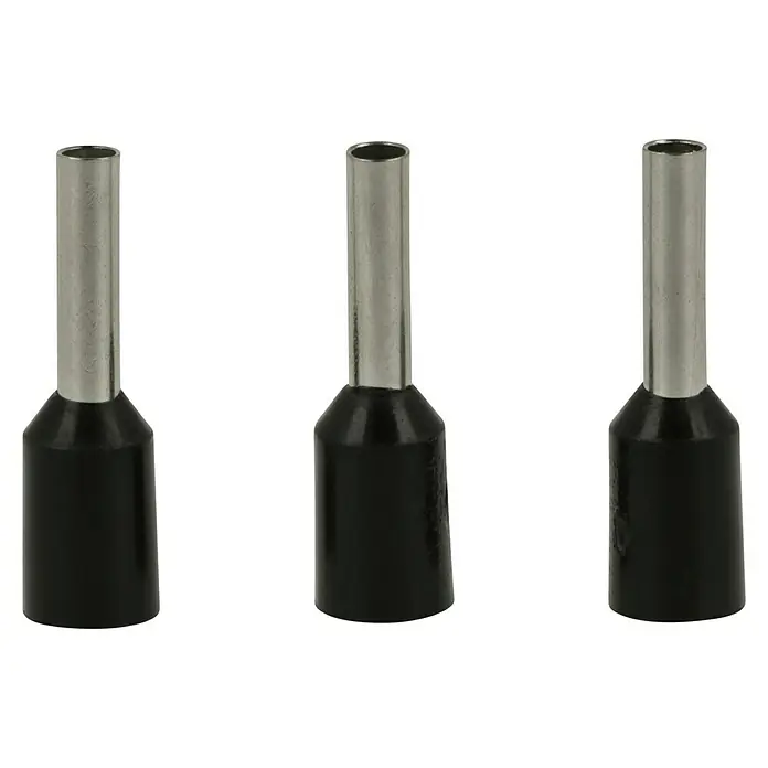 Voltomat Aderendhülse - 1,5 mm² x 8 mm, 100 Stk. - Eine Nahaufnahme von drei schwarzen Aderendhülsen mit silberfarbenem Metalleinsatz auf einem dunklen Hintergrund.