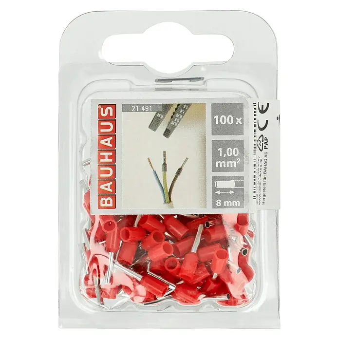 Voltomat Aderendhülse - 1 mm² x 8 mm, 100 Stk. - Abbildung einer Packung mit 100 Aderendhülsen von Bauhaus, rot, 1,00 mm², Länge 8 mm, geeignet für Elektroinstallationen.