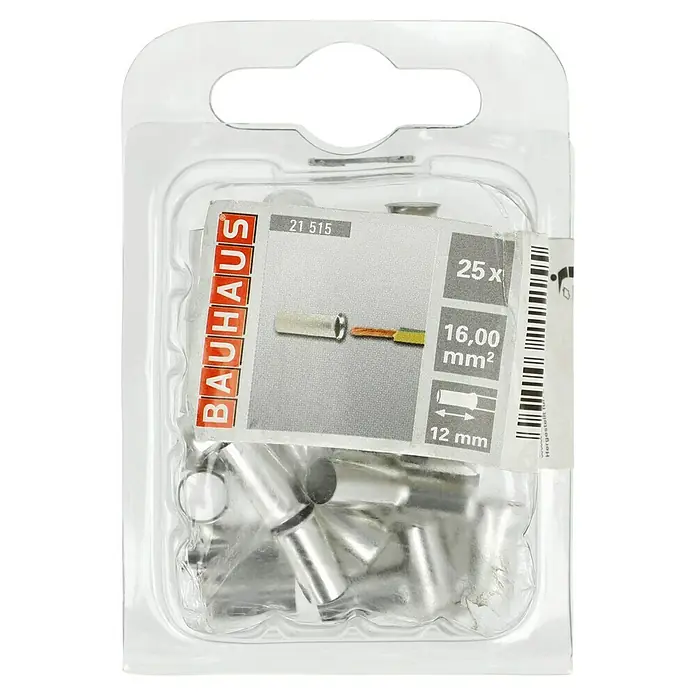 BAUHAUS Aderendhülse - 16 mm² x 12 mm, 25 Stk. - Ein Blisterpack mit 25 Aderendhülsen von Bauhaus, geeignet für Kabel mit 16,00 mm² Querschnitt und einer Länge von 12 mm.