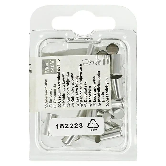 BAUHAUS Aderendhülse - 16 mm² x 12 mm, 25 Stk. - Eine transparente Verpackung mit Aderendhülsen, die für elektrische Kabelverbindungen verwendet werden.