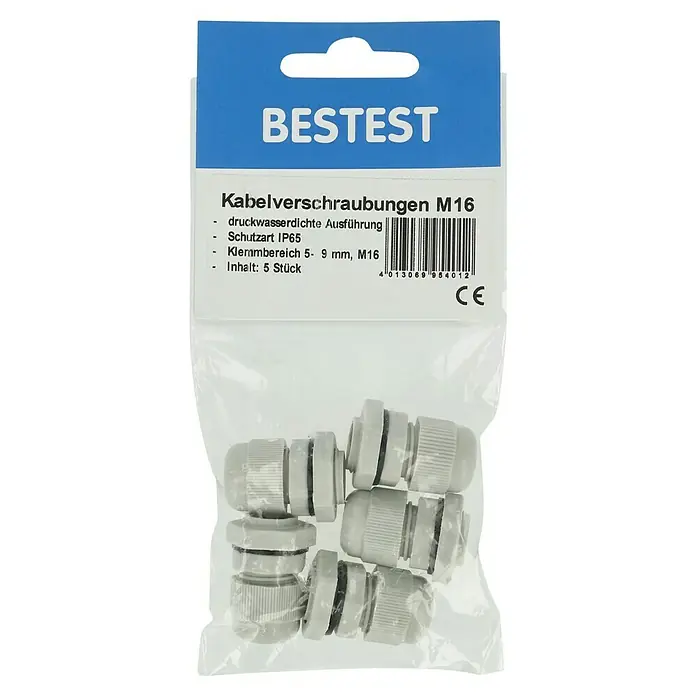 Kabelverschraubung - Grau, M 16, IP65, 5 Stk. - Die Kabelverschraubungen M16 von BESTEST in druckwasserdichter Ausführung und der Schutzart IP65 sind im 5er-Pack erhältlich.