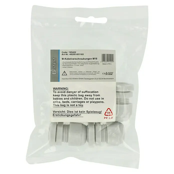 Kabelverschraubung - Grau, M 18, IP65, 5 Stk. - Verpackung von M-Kabelverschraubungen M18: wasserdichte Ausführung aus Polyamid, grau, für Schutzart IP 68-5, mit integrierter Zugentlastung.