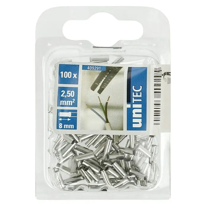 UniTEC Aderendhülse - 2,5 mm² x 7 mm, 100 Stk. - Eine Packung mit 100 Aderendhülsen von Unitec, geeignet für 2,50 mm² Kabel und 8 mm Länge, verpackt in einer transparenten Kunststoffverpackung.