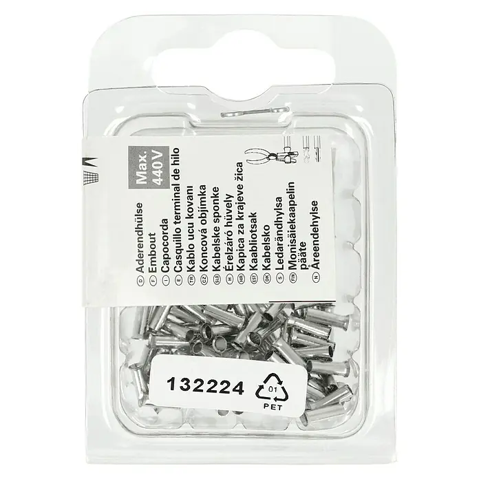 BAUHAUS Aderendhülse - 2,5 mm² x 8 mm, 100 Stk. - Bild einer Packung Aderendhülsen, geeignet für Kabel bis maximal 440V.