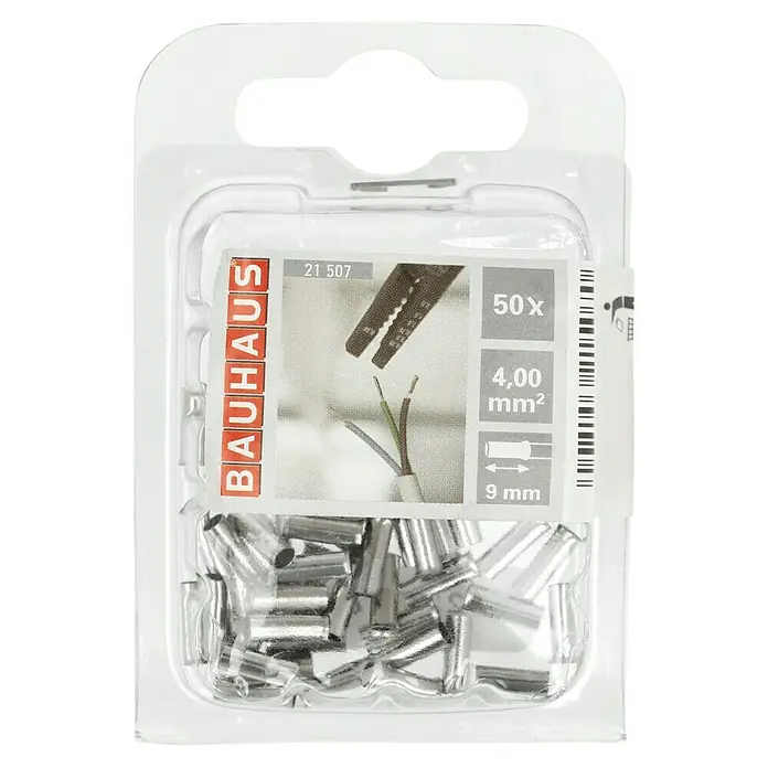 BAUHAUS Aderendhülse - 4 mm² x 8 mm, 50 Stk. - Eine Packung mit 50 Aderendhülsen der Größe 4,00 mm² und 9 mm Länge von der Marke Bauhaus, verpackt in einer transparenten Blisterverpackung.