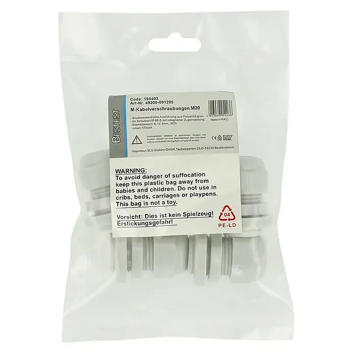 Kabelverschraubung - Grau, M 20, IP65, 5 Stk. - Produktverpackung mit Kabelverschraubungen M20, wasserdicht, aus Polyamid, grau, mit integrierter Zugentlastung, 5 Stück.