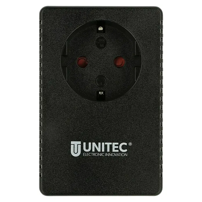 UniTEC Einschaltstrombegrenzer - 16 A, 250 V - Schwarzer Unitec Steckeradapter mit Schutzkontaktsteckdose und dem Unitec Logo, ideal für den Einsatz im Haushalt.