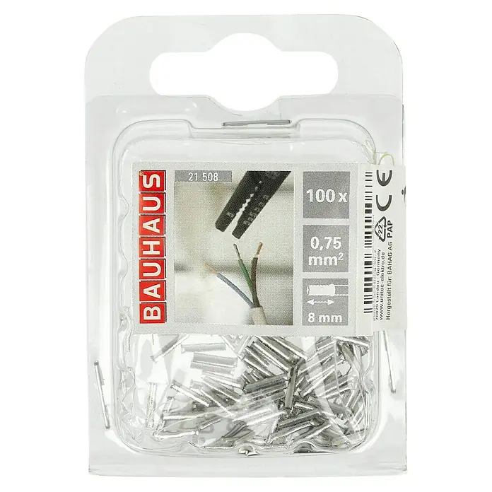 BAUHAUS Aderendhülse - 0,75 mm² x 8 mm, 100 Stk. - Bild einer Packung mit 100 Aderendhülsen von Bauhaus, geeignet für 0,75 mm² Kabel, Länge 8 mm.