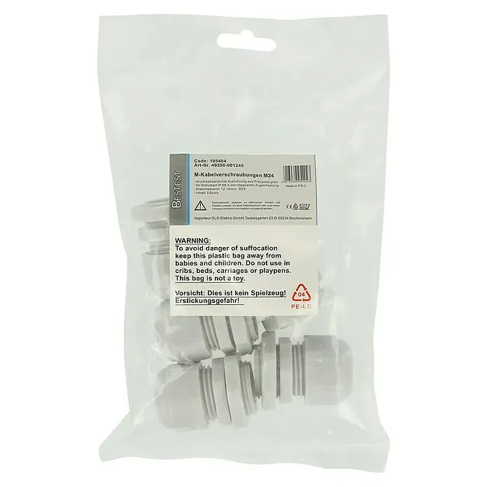 Kabelverschraubung - Grau, M24, IP65, 5 Stk. - Verpackung mit Kabelverschraubungen M24 von Bestest, druckwasserdicht aus Polyamid, grau, mit Warnhinweis vor Erstickungsgefahr.