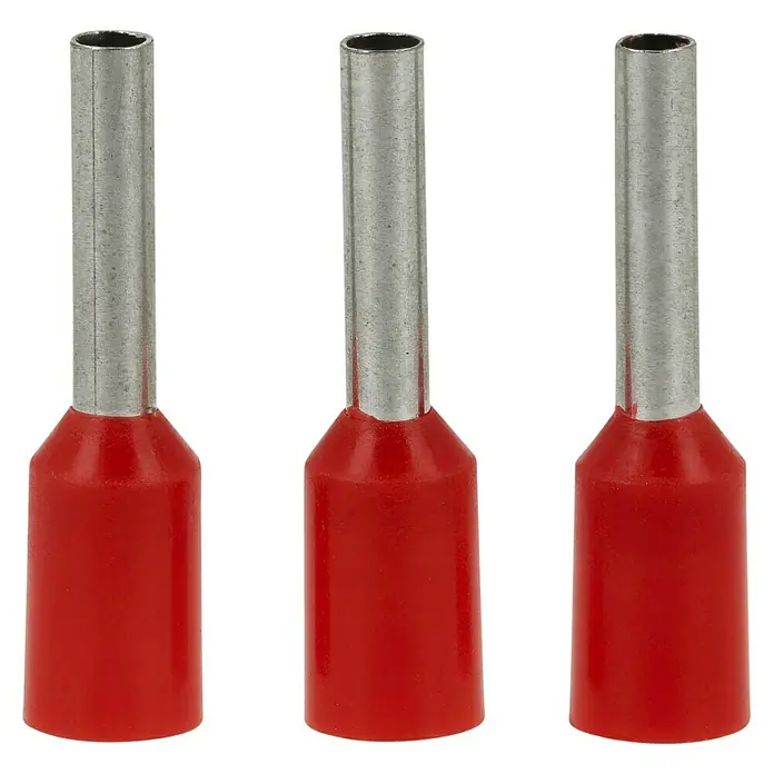 Voltomat Aderendhülse - 1 mm² x 8 mm, 100 Stk. - Drei rote Aderendhülsen mit Metalleinsatz, die für sichere elektrische Verbindungen sorgen und Kabel vor dem Ausfransen schützen.